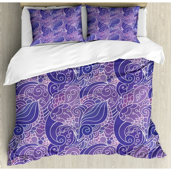 Floral Duvet Cover Set, Flower Art Pattern with Swirly Petals Leaves Branches Curls Pastel Pattern, Decorative 3 Piece Bedding Set with 2 Pillow Shams, Calking Size, Blue Violet Lilac, by Ambesonne