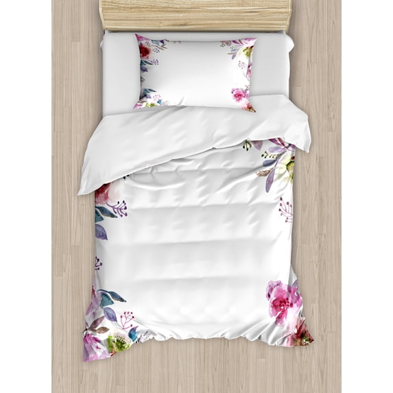 Floral Duvet Cover Set, Flower Background with Florets Blooms Bouquet Romance Bridal Watercolor Art, Decorative 2 Piece Bedding Set with 1 Pillow Shams, Twin Size, Fuchsia Green Blue, by Ambesonne