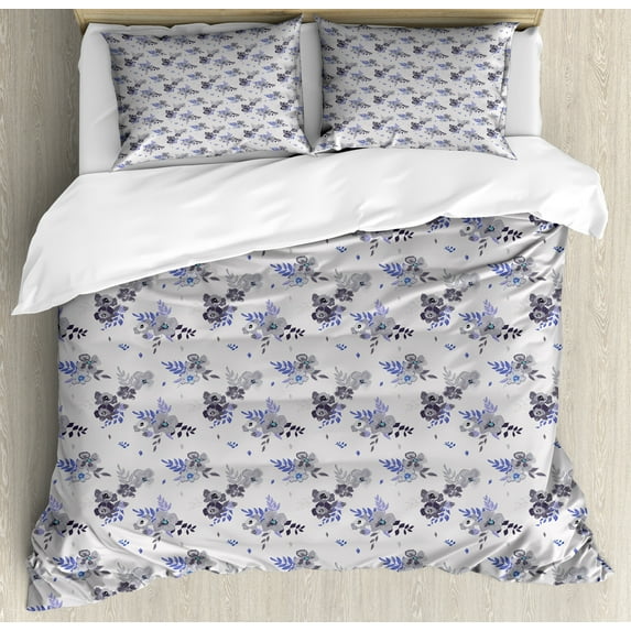 Floral Duvet Cover Set, Flower Bouquets Flourishing Buds of Summer Garden Meadow Blossoms Pattern, Decorative 3 Piece Bedding Set with 2 Pillow Shams, King Size, Blue Violet and Grey, by Ambesonne