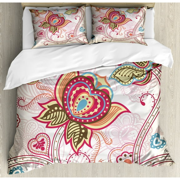 Floral Duvet Cover Set, Flower and Butterfly Floral Arragement Design Print, Decorative 3 Piece Bedding Set with 2 Pillow Shams, Queen Size, Pink Beige Khaki, by Ambesonne