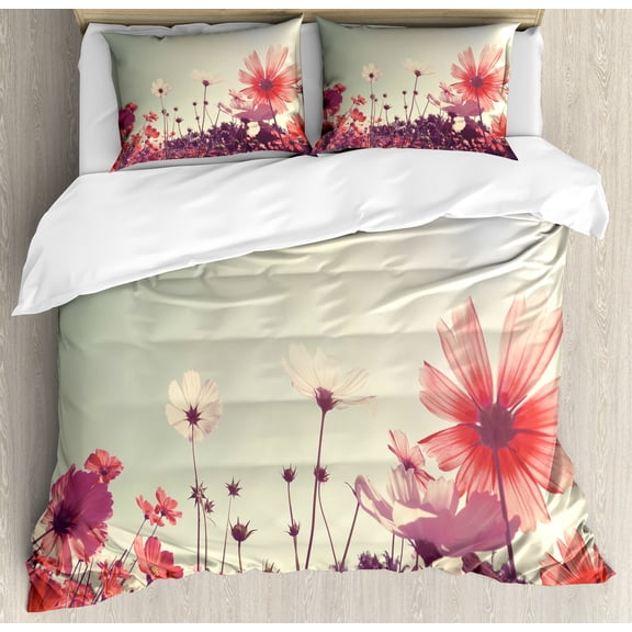 Floral Duvet Cover Set, Flower Garden with Open Sky and Vintage Cosmos Plant Art Photo, Decorative 3 Piece Bedding Set with 2 Pillow Shams, Calking Size, Sky Blue and Dark Coral, by Ambesonne