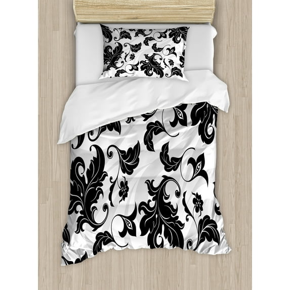 Floral Duvet Cover Set, Flower Leaves Ivy Plant Swirl Like Image with Abstract Shadow Print, Decorative 2 Piece Bedding Set with 1 Pillow Shams, Twin Size, Pale Grey White, by Ambesonne
