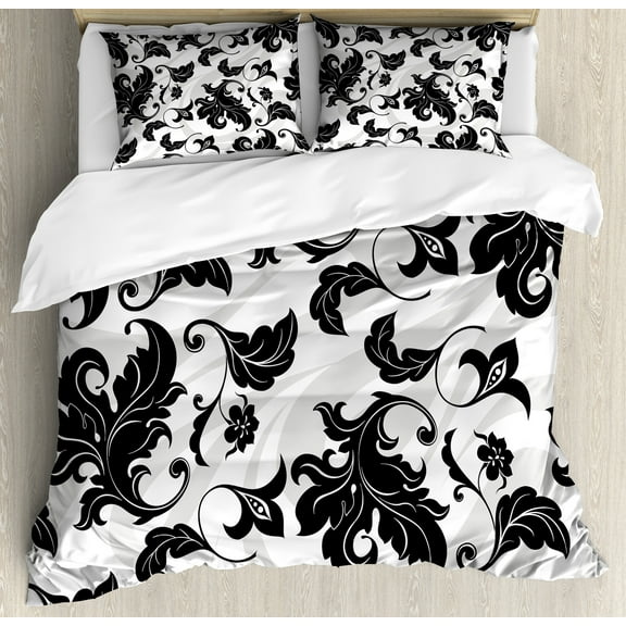 Floral Duvet Cover Set, Flower Leaves Ivy Plant Swirl Like Image with Abstract Shadow Print, Decorative 3 Piece Bedding Set with 2 Pillow Shams, Queen Size, Pale Grey White, by Ambesonne