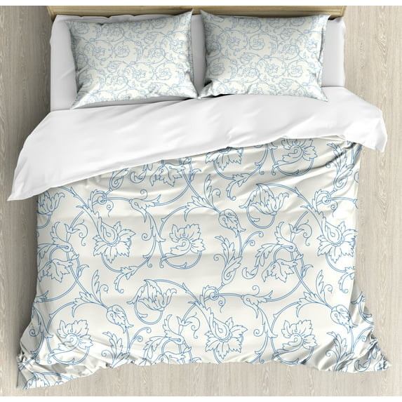 Floral Duvet Cover Set, Flower Orchids Bohemian Style Vintage Petals Vines Pattern French Country Style, Decorative 3 Piece Bedding Set with 2 Pillow Shams, King Size, Cream and Blue, by Ambesonne