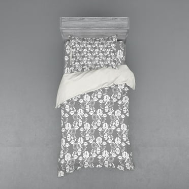 Floral Duvet Cover Set, Flower Silhouettes with Lace Patterned Background Leaves Swirls Dots Abstract Image, Bedding Set with Shams and Fitted Sheet, 3 Sizes, by Ambesonne