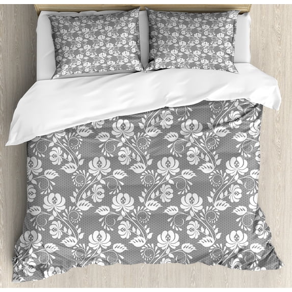 Floral Duvet Cover Set, Flower Silhouettes with Lace Patterned Background Leaves Swirls Dots Abstract Image, Decorative 3 Piece Bedding Set with 2 Pillow Shams, Queen Size, Grey White, by Ambesonne
