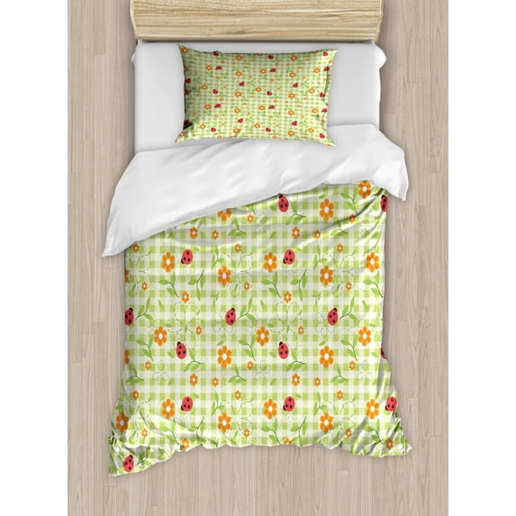 Floral Duvet Cover Set, Flowers Ladybugs Leaves on Summer Striped Background Motif, Decorative 2 Piece Bedding Set with 1 Pillow Shams, Twin Size, Lime Green Orange Red, by Ambesonne