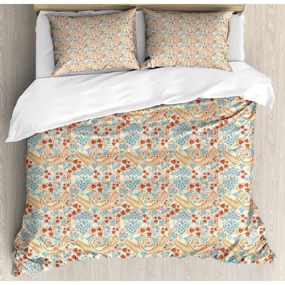 Floral Duvet Cover Set, Flowers and Strawberries in Traditional Khokhloma Drawing Pattern, Decorative 3 Piece Bedding Set with 2 Pillow Shams, Queen Size, Cream Pale Teal and Vermilion, by Ambesonne