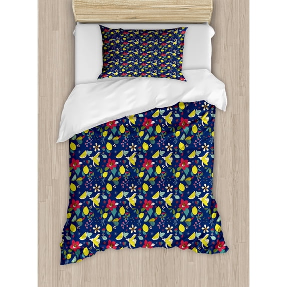 Floral Duvet Cover Set, Flowers Twigs Lemon Blossom Berries in Dark Spring Tones Pattern, Decorative 2 Piece Bedding Set with 1 Pillow Shams, Twin Size, Night Blue Multicolor, by Ambesonne