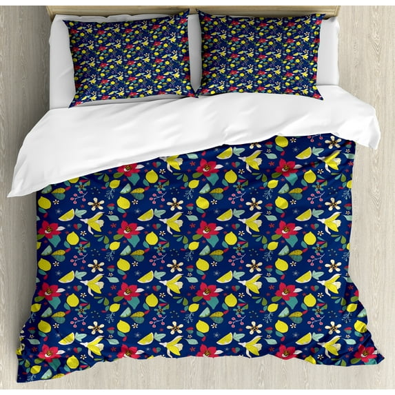 Floral Duvet Cover Set, Flowers Twigs Lemon Blossom Berries in Dark Spring Tones Pattern, Decorative 3 Piece Bedding Set with 2 Pillow Shams, Calking Size, Night Blue Multicolor, by Ambesonne