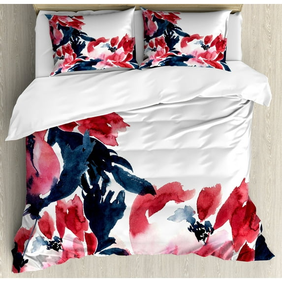 Floral Duvet Cover Set, Flowers in Watercolor Style Effect Illustration of Peonies Spring Inspired Print, Decorative 3 Piece Bedding Set with 2 Pillow Shams, King Size, Dark Blue Red, by Ambesonne