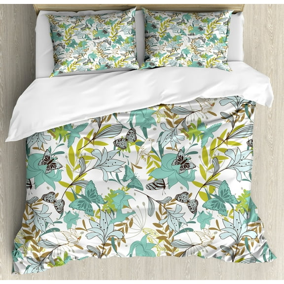 Floral Duvet Cover Set, Flying Birds Butterflies Floral Elements Art Wildflowers Nature, Decorative 3 Piece Bedding Set with 2 Pillow Shams, Queen Size, Yellow Green Caramel, by Ambesonne