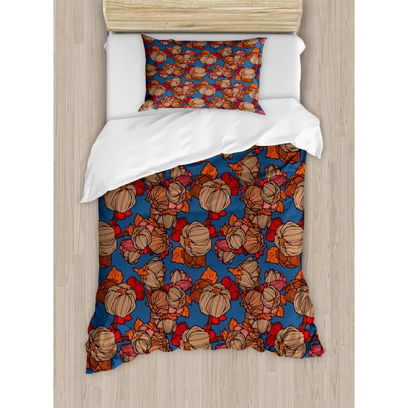Floral Duvet Cover Set, Funk Art Style Onion Flowers Pattern in Pastel Tones Modern Boho Print Art, Decorative 2 Piece Bedding Set with 1 Pillow Shams, Twin Size, Blue and Brown, by Ambesonne