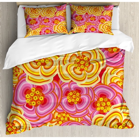 Floral Duvet Cover Set, Funky Vibrant Colored Flower Burst Little Daisies Bouquet Abstract Art, Decorative 3 Piece Bedding Set with 2 Pillow Shams, Queen Size, Yellow Pink Orange, by Ambesonne