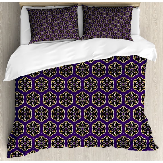 Floral Duvet Cover Set, Geometric Oriental Flower Petals Bohemian with Golden Yellow Tone Details, Decorative 3 Piece Bedding Set with 2 Pillow Shams, Queen Size, Quartz Charcoal Grey, by Ambesonne