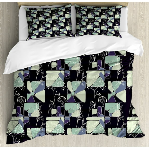 Floral Duvet Cover Set, Geometric Soft Shapes with Flower Silhouettes Spring Summer Print, Decorative 3 Piece Bedding Set with 2 Pillow Shams, King Size, Pale Green Slate Blue, by Ambesonne