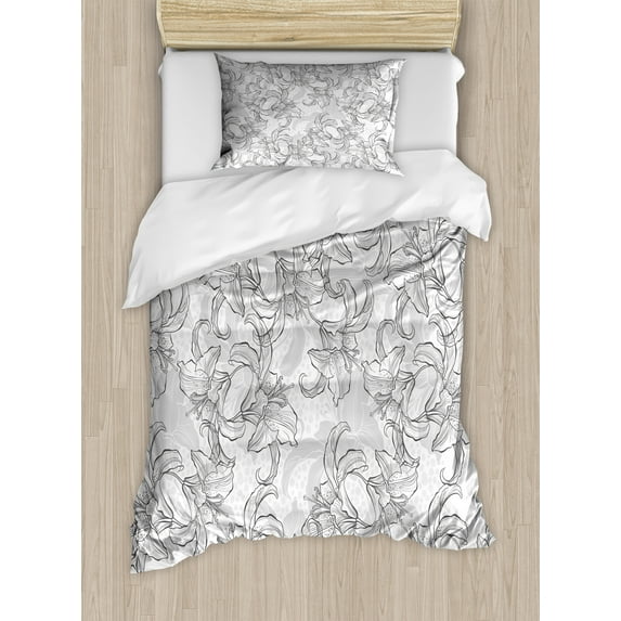 Floral Duvet Cover Set, Greyscale Vintage Style Pattern of Outline Flowers in Neutral Tones Image, Decorative 2 Piece Bedding Set with 1 Pillow Shams, Twin Size, Grey Pale Grey White, by Ambesonne