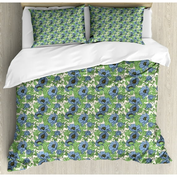 Floral Duvet Cover Set, Hand Drawn Bold Flowers and Leaves Arrangement, Decorative 3 Piece Bedding Set with 2 Pillow Shams, Queen Size, Multicolor, by Ambesonne