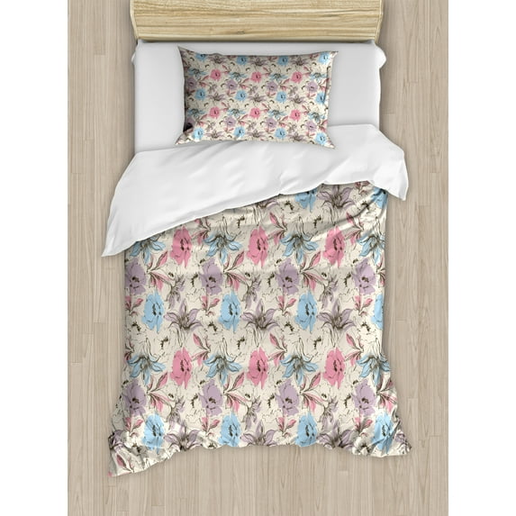 Floral Duvet Cover Set, Hand Drawn Lily and Poppies Sketch Effect Chastity and Virtue Garden Plants, Decorative 2 Piece Bedding Set with 1 Pillow Shams, Twin Size, Multicolor, by Ambesonne