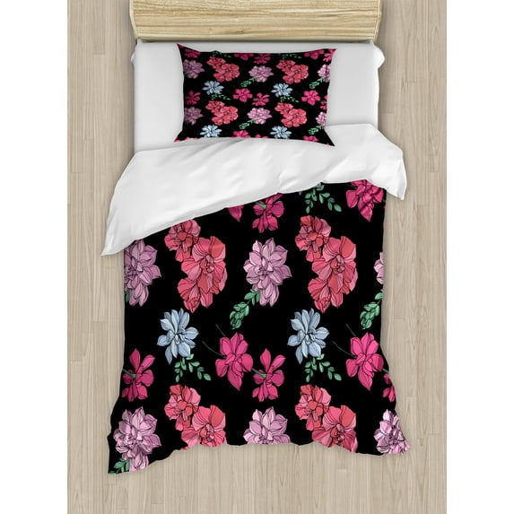 Floral Duvet Cover Set, Hand Drawn Romantic Botanic Colorful Succulent Cacti Flowers Branches Foliage, Decorative 2 Piece Bedding Set with 1 Pillow Shams, Twin Size, Black Multicolor, by Ambesonne