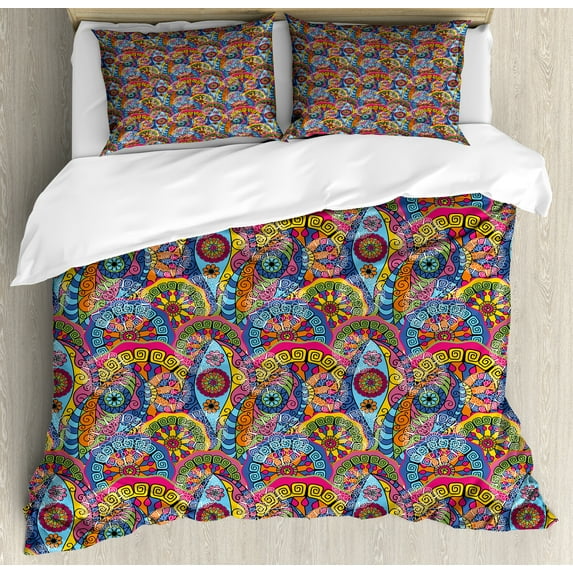 Floral Duvet Cover Set, Hippie Style Abstract Blooms with Aztec Tribal Antique Geometric Pattern Trippy Boho, Decorative 3 Piece Bedding Set with 2 Pillow Shams, Queen Size, Multicolor, by Ambesonne
