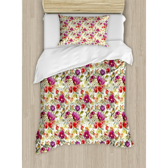 Floral Duvet Cover Set, Hot Pink Purple Colored Flowers with Leaves Watercolored Image with Buds Art, Decorative 2 Piece Bedding Set with 1 Pillow Shams, Twin Size, Multicolor, by Ambesonne