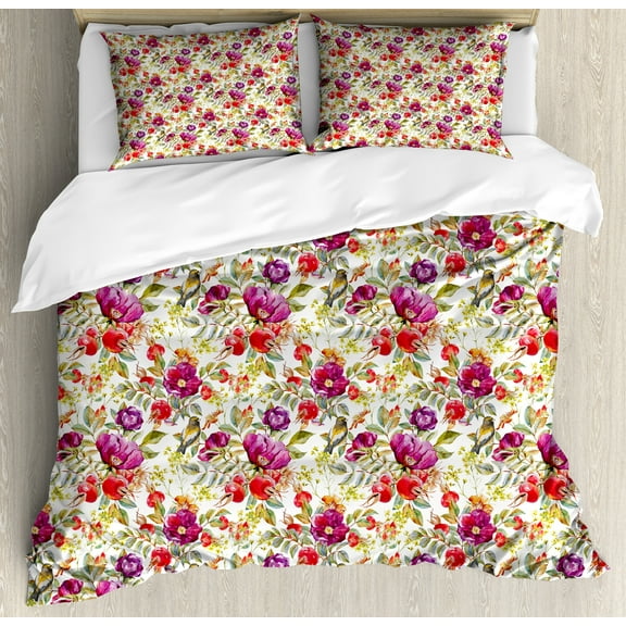Floral Duvet Cover Set, Hot Pink Purple Colored Flowers with Leaves Watercolored Image with Buds Art, Decorative 3 Piece Bedding Set with 2 Pillow Shams, King Size, Multicolor, by Ambesonne