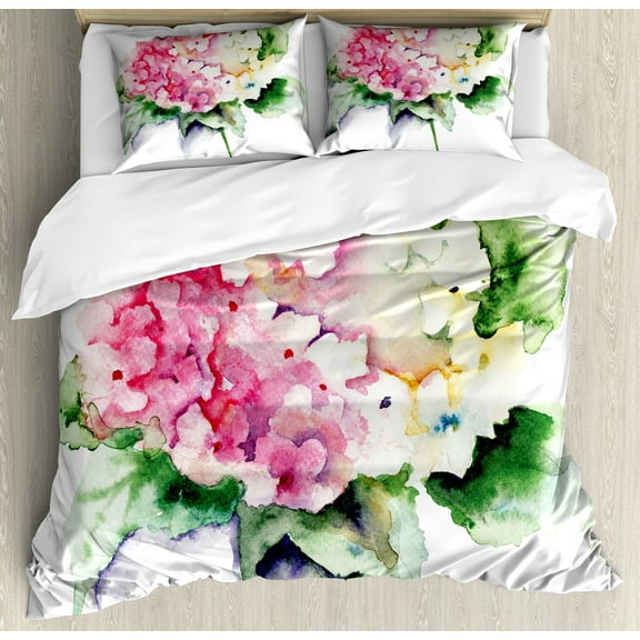 Floral Duvet Cover Set, Hydrangea Flower Bouquet in Watercolor Blossoms Botany Petals Image, Decorative 3 Piece Bedding Set with 2 Pillow Shams, Queen Size, Forest Green Yellow Pink, by Ambesonne