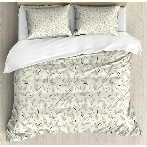 Floral Duvet Cover Set, Illustration of Curling Branches with Striped Leaves Botanical Ornaments, Decorative 3 Piece Bedding Set with 2 Pillow Shams, King Size, Eggshell Pale Sepia, by Ambesonne