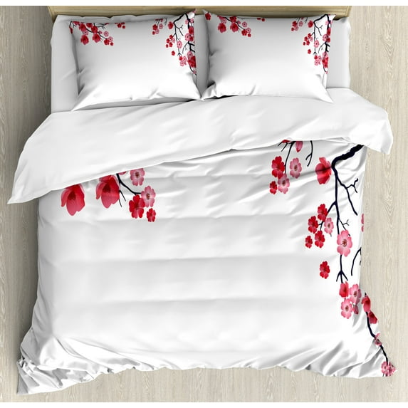 Floral Duvet Cover Set, Illustration of Flowering Branch Sakura Traditional Floral Art Print, Decorative 3 Piece Bedding Set with 2 Pillow Shams, Queen Size, Pink White Dark Purple, by Ambesonne