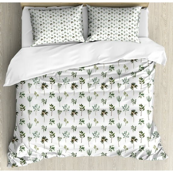 Floral Duvet Cover Set, Illustration of Various Leaves and Plantation Nature, Decorative 3 Piece Bedding Set with 2 Pillow Shams, King Size, Reseda Green Olive Green, by Ambesonne
