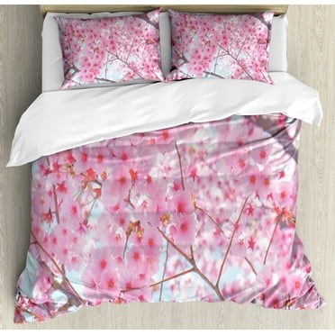 Floral Duvet Cover Set, Japanese Sakura Florets Essence Nature Beauty Blossoms Refreshing Summer Picture, Decorative 3 Piece Bedding Set with 2 Pillow Shams, King Size, Pale Pink, by Ambesonne