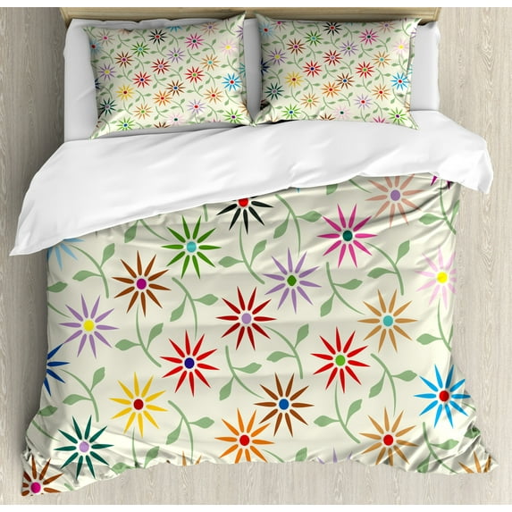 Floral Duvet Cover Set King Size, Abstract Colorful Graphic Flowers with Leaves Repeating Pattern Botanic Garden Art, Decorative 3 Piece Bedding Set with 2 Pillow Shams, Multicolor, by Ambesonne