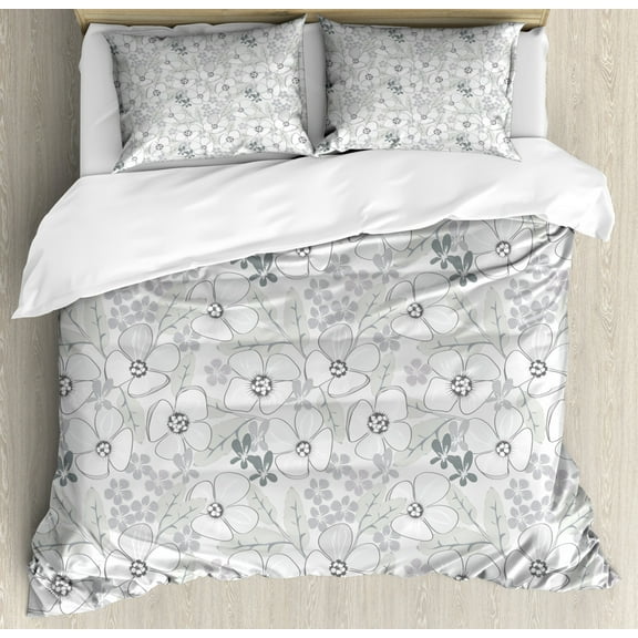 Floral Duvet Cover Set, Abstract Sketchy Hand Drawn Garden Spring Flowers with Grey Backdrop Image, Decorative 3 Piece Bedding Set with 2 Pillow Shams, King Size, Pale Grey and White, by Ambesonne