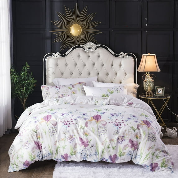 Floral Duvet Cover Set King Size Bedding Set White Microfiber Comforter Cover with Zipper Clousure and Corner Ties