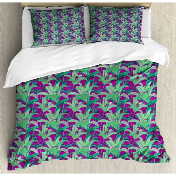 Floral Duvet Cover Set King Size, Close Up Silhouettes of Blossoming Hawaiian Plantation, Decorative 3 Piece Bedding Set with 2 Pillow Shams, Dark Magenta Sea Green Lilac and Teal, by Ambesonne