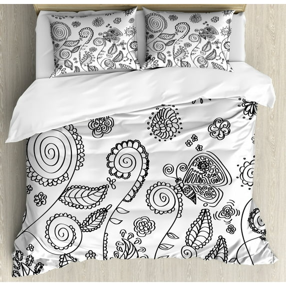 Floral Duvet Cover Set King Size, Doodle Style Circular Swirled Flower Petals Butterfly Leaves Curved Branches Design, Decorative 3 Piece Bedding Set with 2 Pillow Shams, Black White, by Ambesonne