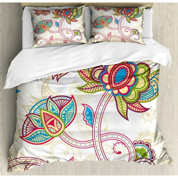 Floral Duvet Cover Set King Size, Ethnic Birds and Curved Flower Petals Shabby Style Artsy Style Image Artwork Print, Decorative 3 Piece Bedding Set with 2 Pillow Shams, Multicolor, by Ambesonne