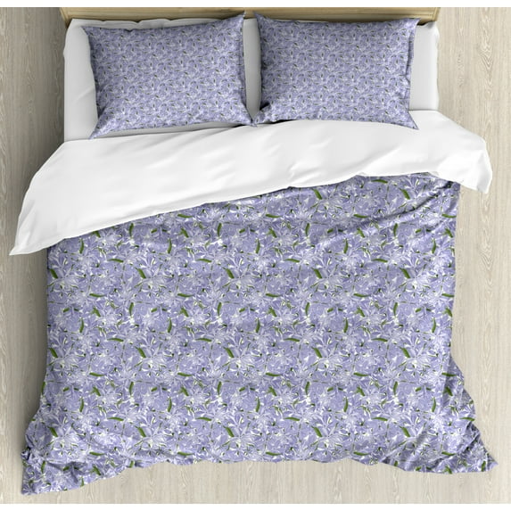 Floral Duvet Cover Set King Size, Phlox Divaricata Flowers and Leaves Pattern, Decorative 3 Piece Bedding Set with 2 Pillow Shams, Lavender Blue Olive Green Pastel Purple and White, by Ambesonne