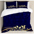 thumbnail image 1 of Floral Duvet Cover Set King Size, Romantic Royal Leaf Pattern with Yellow Colored Floral Branch with Leaves, Decorative 3 Piece Bedding Set with 2 Pillow Shams, Indigo and Purple, by Ambesonne, 1 of 3
