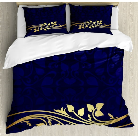 Floral Duvet Cover Set King Size, Romantic Royal Leaf Pattern with Yellow Colored Floral Branch with Leaves, Decorative 3 Piece Bedding Set with 2 Pillow Shams, Indigo and Purple, by Ambesonne