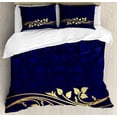 thumbnail image 1 of Floral Duvet Cover Set King Size, Romantic Royal Leaf Pattern with Yellow Colored Floral Branch with Leaves, Decorative 3 Piece Bedding Set with 2 Pillow Shams, Indigo and Purple, by Ambesonne, 1 of 3