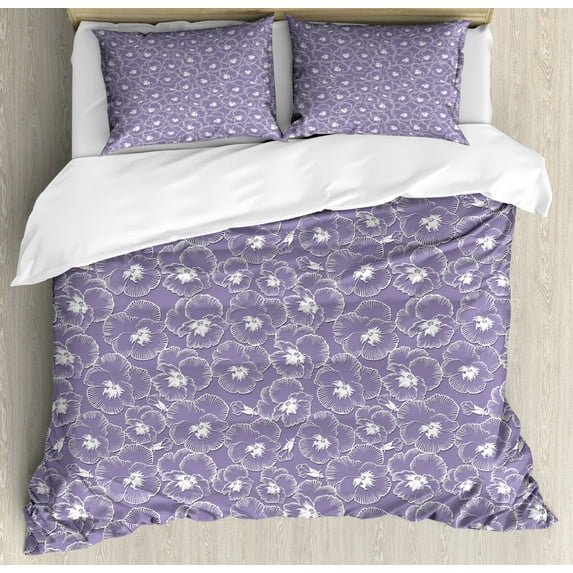 Floral Duvet Cover Set King Size, Violets of Meadow Pastel Blossoming Swirly Flowers Motif Feminine Gardening Buds, Decorative 3 Piece Bedding Set with 2 Pillow Shams, Mauve White, by Ambesonne