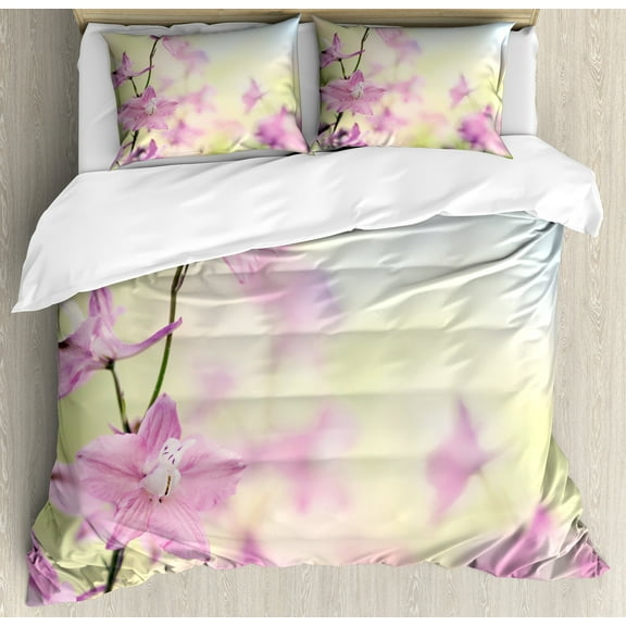Floral Duvet Cover Set, Larkspur Petals with Bokeh Backdrop Summer Season Botany Bouquet Image, Decorative 3 Piece Bedding Set with 2 Pillow Shams, Queen Size, Pale Green Pale Pink, by Ambesonne