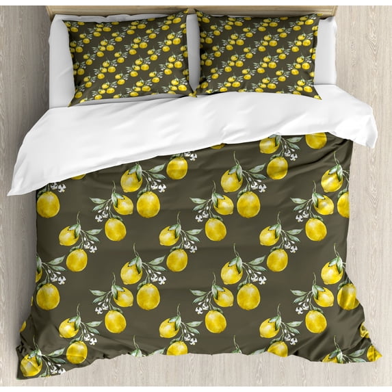 Floral Duvet Cover Set, Lemon Branches with Petals Growth Essence Nature Themed Print, Decorative 3 Piece Bedding Set with 2 Pillow Shams, King Size, Olive Green Yellow, by Ambesonne
