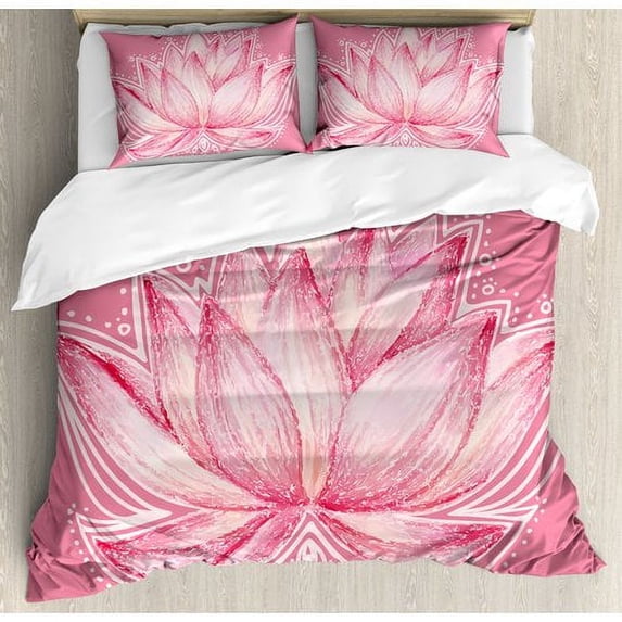 Floral Duvet Cover Set, Lotus Flower Yoga Plant Petal Print, Decorative 3 Piece Bedding Set with 2 Pillow Shams, Queen Size, Pale Pink Cream, by Ambesonne