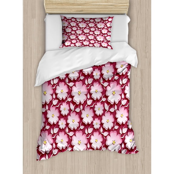 Floral Duvet Cover Set, Macro Flower Petal of Japanese Cherry Blossom Sakura Tree Spring Theme, Decorative 2 Piece Bedding Set with 1 Pillow Shams, Twin Size, Pale Pink Maroon Yellow, by Ambesonne