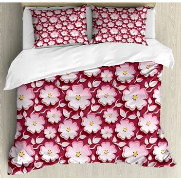 Floral Duvet Cover Set, Macro Flower Petal of Japanese Cherry Blossom Sakura Tree Spring Theme, Decorative 3 Piece Bedding Set with 2 Pillow Shams, King Size, Pale Pink Maroon Yellow, by Ambesonne