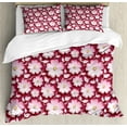 thumbnail image 1 of Floral Duvet Cover Set, Macro Flower Petal of Japanese Cherry Blossom Sakura Tree Spring Theme, Decorative 3 Piece Bedding Set with 2 Pillow Shams, Queen Size, Pale Pink Maroon Yellow, by Ambesonne, 1 of 3