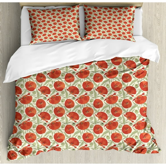 Floral Duvet Cover Set, Macro Scene Top View of Blooming Poppies with Leaves, Decorative 3 Piece Bedding Set with 2 Pillow Shams, Calking Size, Cream Burnt Sienna, by Ambesonne